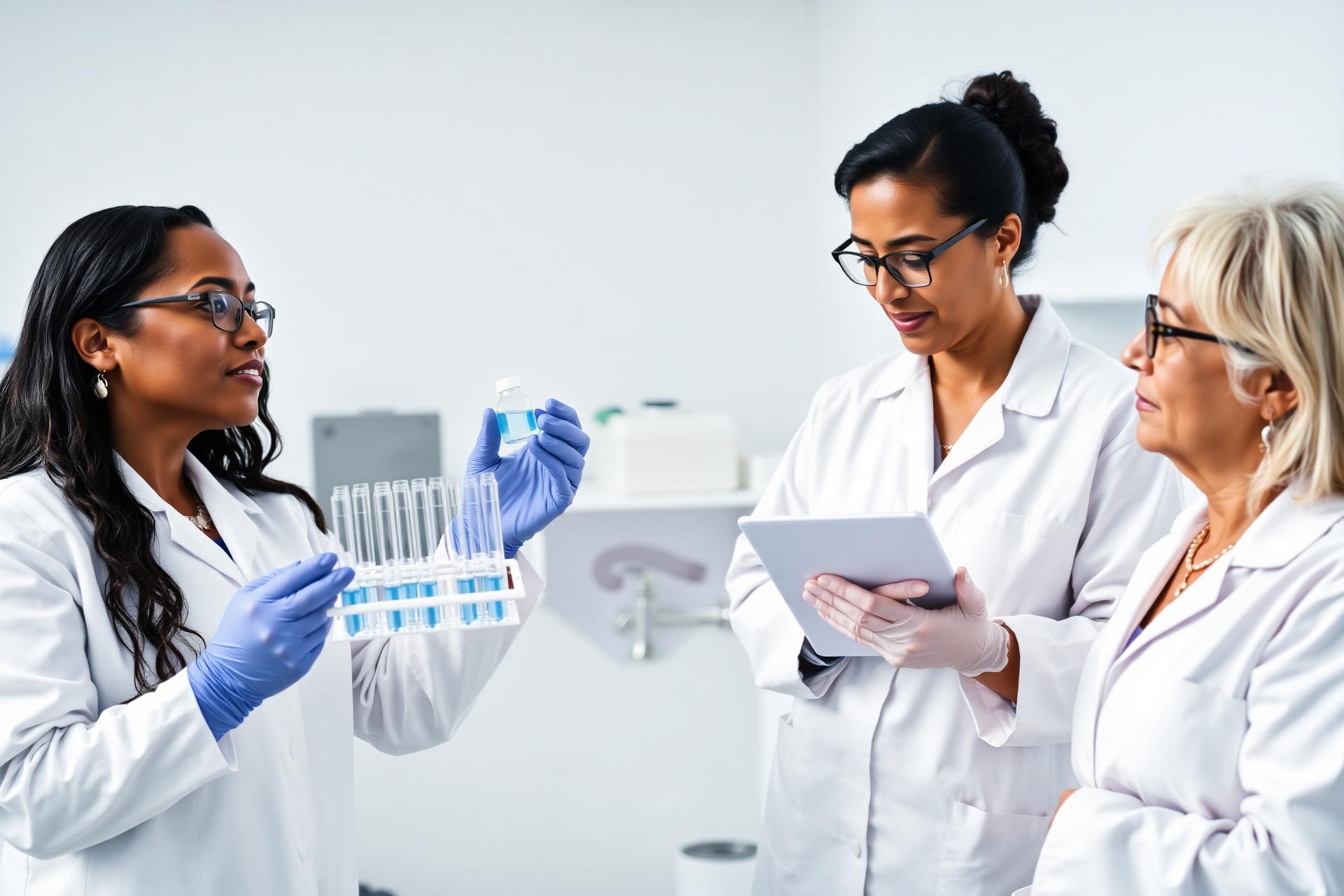 Diverse women scientists examining sample vials together in a laboratory